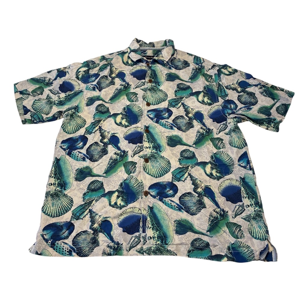 Tommy Bahama Mens Blue Seashell Silk Button Up Shirt Original Fit Size Medium
